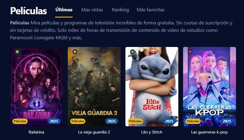 Captura de pantalla de la interfaz de usuario de Pepelisplus mostrando pel&iacute;culas y series organizadas por g&eacute;neros